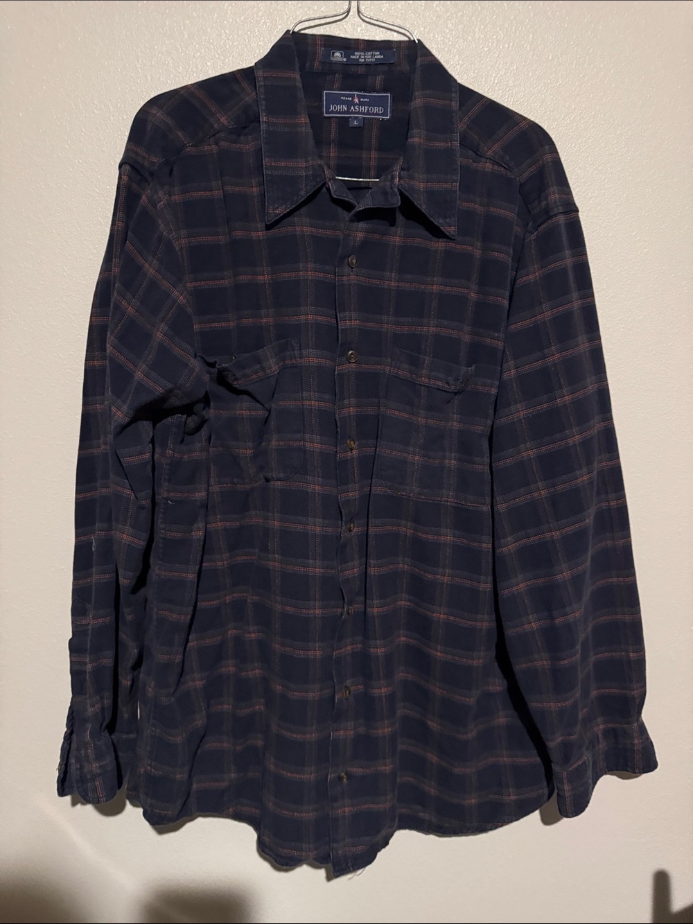 John Ashford Men's Navy and Brown Plaid Button-Down Shirt